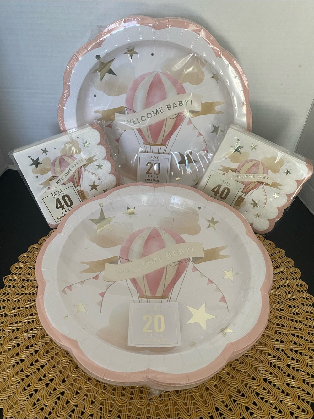 Welcome Baby Pink & Gold Hot Air Balloon Paper Party Tableware Bundle